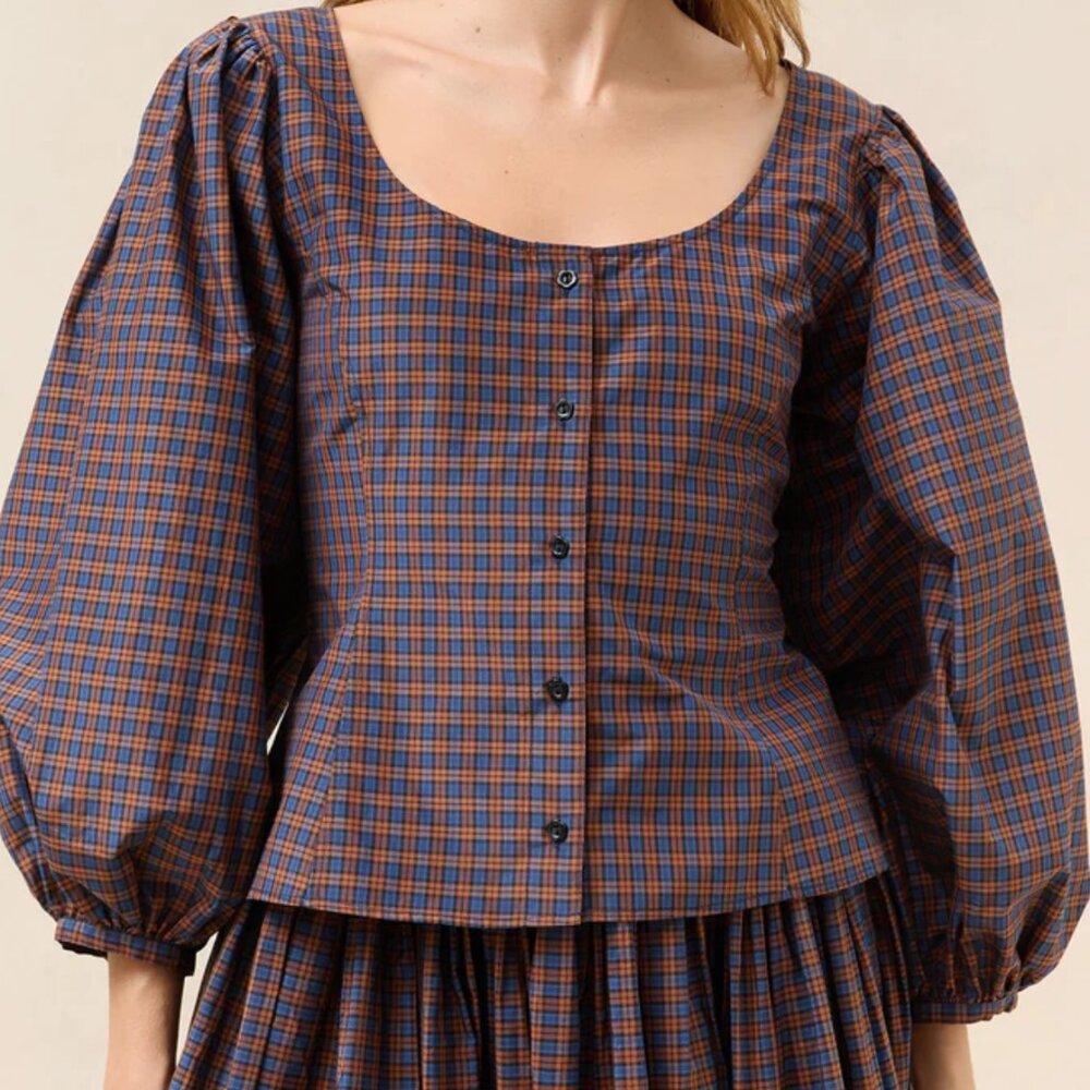 Loeffler Randall, Isa Plaid Blouse, Navy and Rust, Size 4